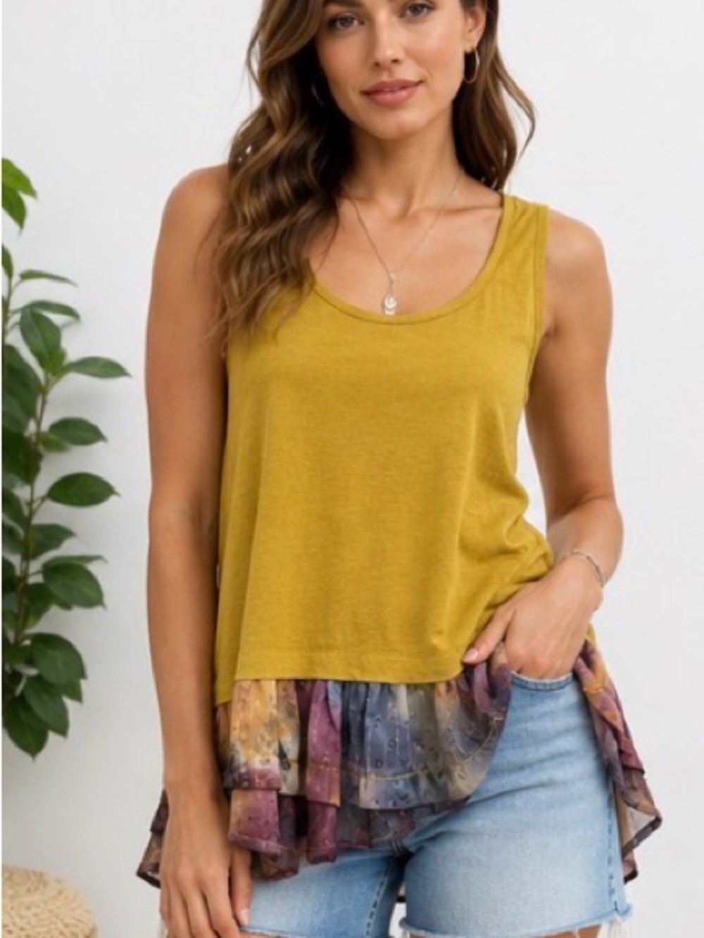 NWT Umgee Mustard Mixed Media Ruffle Hem Tank Top Small Boho